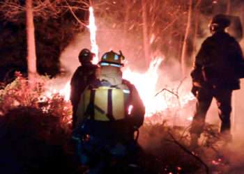 Los medios, luchando contra las llamas del incendio de Mondariz // FOTO: @BrifLaza