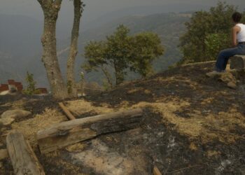 Varios vecinos observan sus fincas tras el paso del fuego, a 13 de agosto de 2025, en Somoza, Pobra de Trives, Ourense, Galicia (España).
- Rosa Veiga - Europa Press