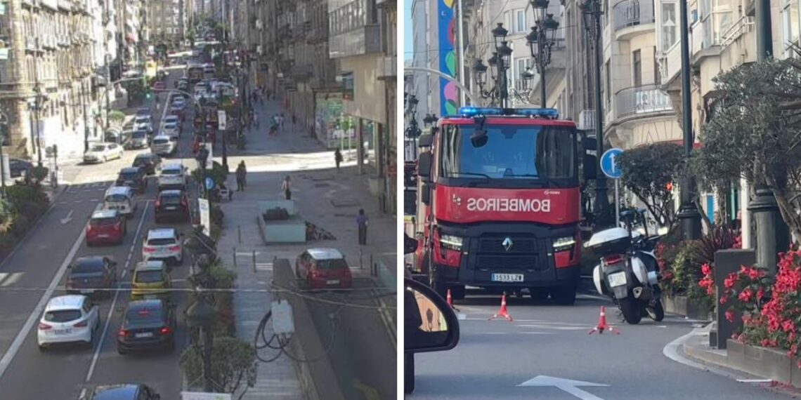 Colapso en pleno centro de Vigo por la intervención de los bomberos en Urzáiz