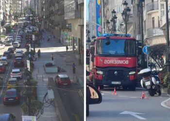 Colapso en pleno centro de Vigo por la intervención de los bomberos en Urzáiz