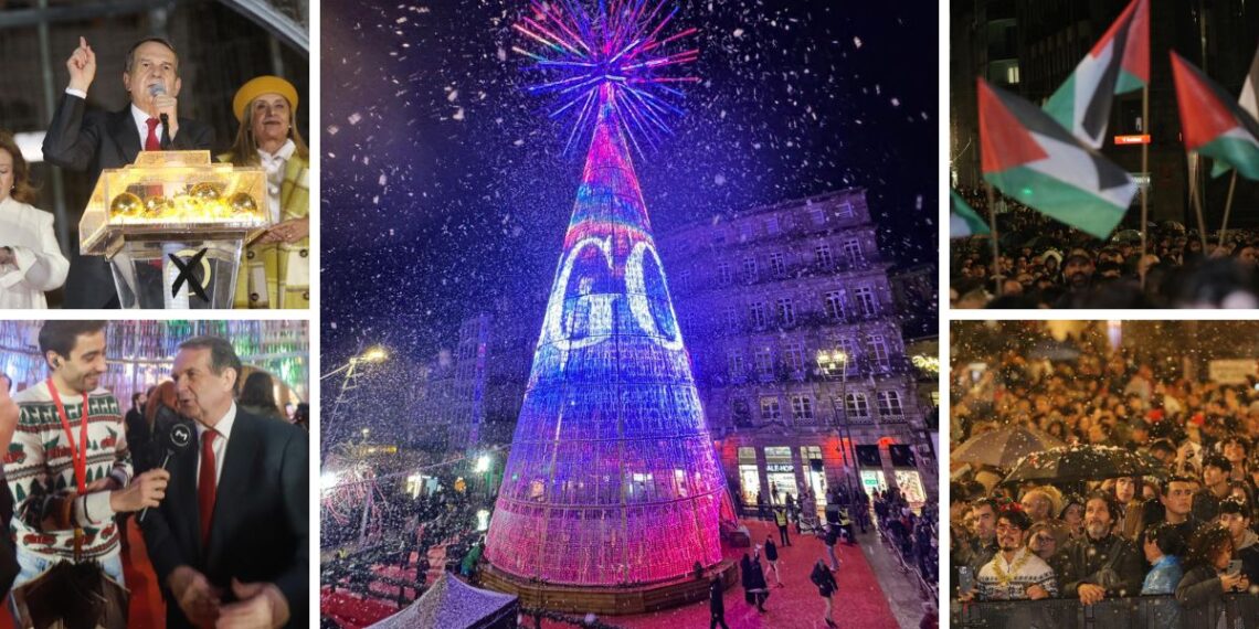 Arranca la Navidad de Vigo con un mensaje para Palestina y un cortocircuito que casi arruina el encendido