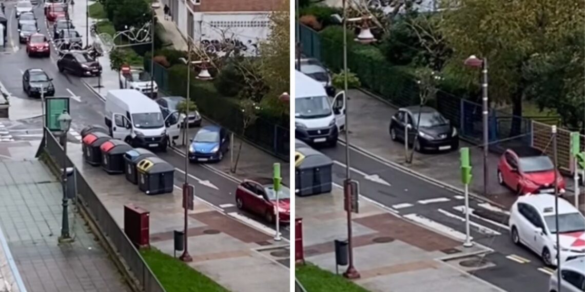 Una hilera de coches convierte una acera de Vigo en un particular "atajo" ante una avería
