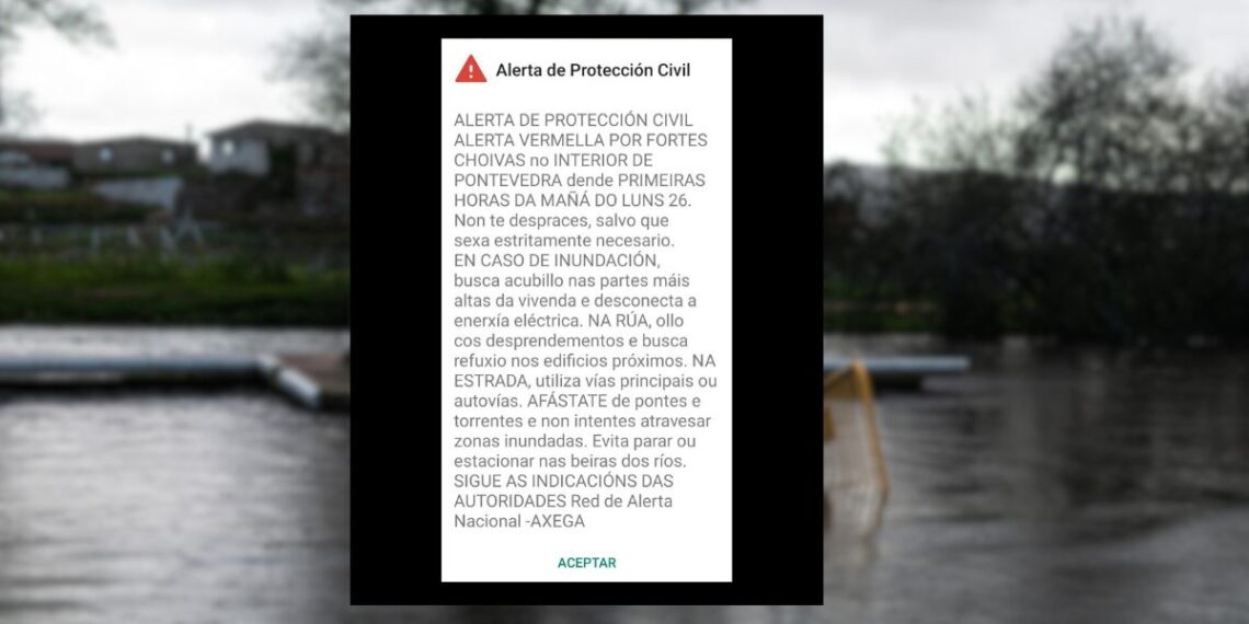 Mensaje masivo de la Xunta a los móviles ante la alerta roja por lluvias en concellos de la provincia