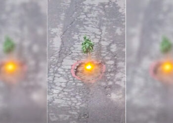 Una baliza para señalizar un enorme bache en Cangas, el vídeo "protesta" que arrasa en redes