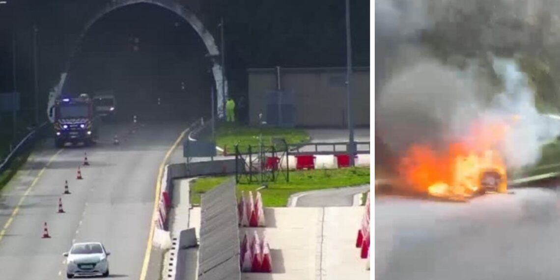 Susto en plena A-52, arde un coche en la salida del túnel de O Folgoso