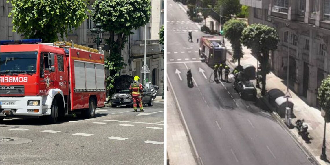 Un coche se incendia en plena Gran Vía de Vigo y obliga a cortar el tráfico