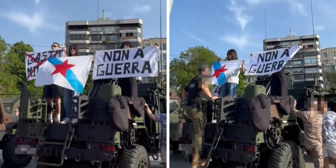 Toman un vehículo del Ejército en Vigo para protestar por el despliegue de las Fuerzas Armadas