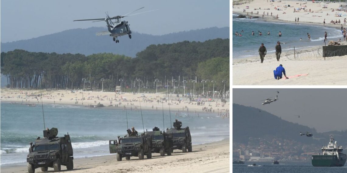Samil, convertido durante todo el día en escenario militar entre jeeps, aviones y bañistas de Vigo