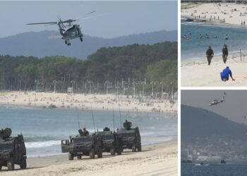 Samil, convertido durante todo el día en escenario militar entre jeeps, aviones y bañistas de Vigo