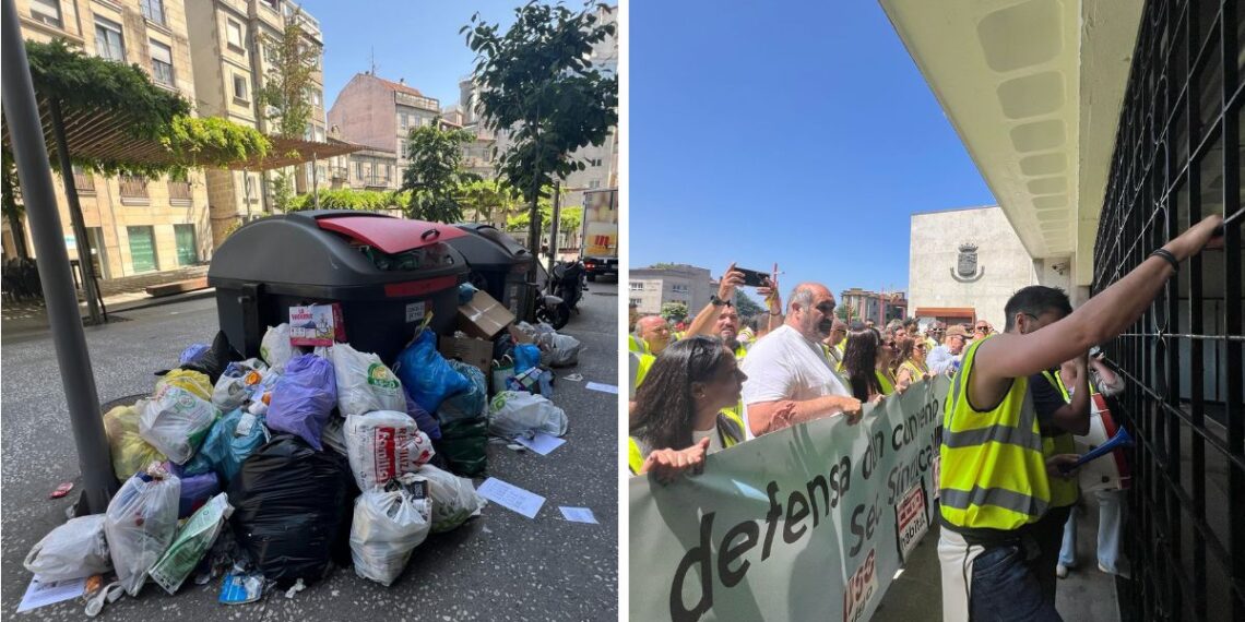 Vigo amanece con contenedores a rebosar por la huelga de basura y el Concello busca desbloquearla