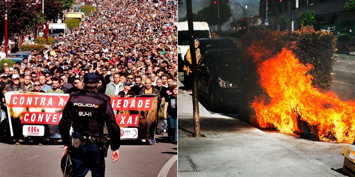 Las mejores fotos que deja la huelga del metal en Vigo, con dos contenedores quemados y un herido leve