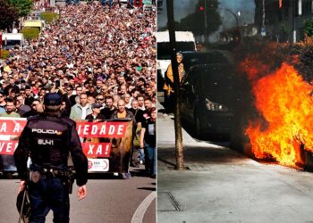 Las mejores fotos que deja la huelga del metal en Vigo, con dos contenedores quemados y un herido leve