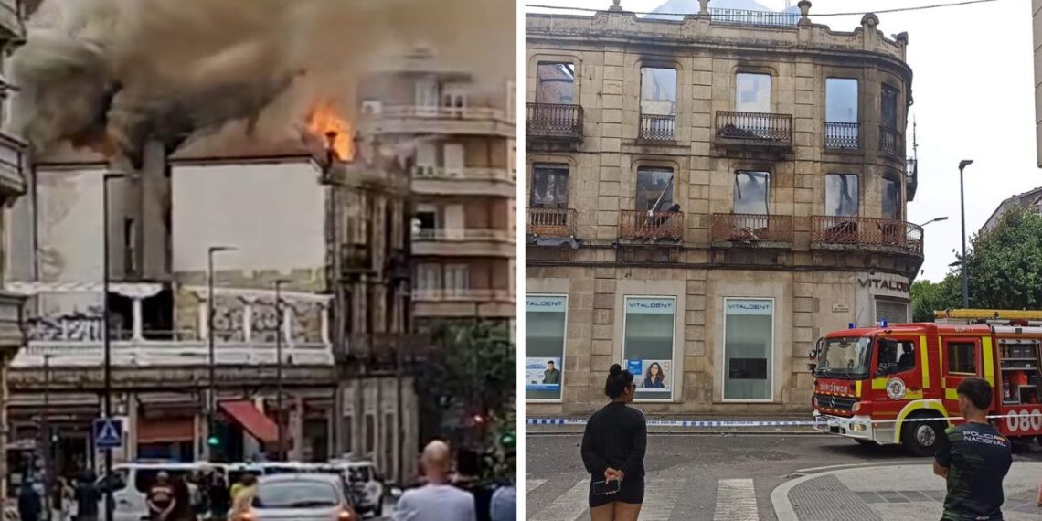Un voraz incendio calcina por completo un edificio en Ourense y deja tres personas heridas