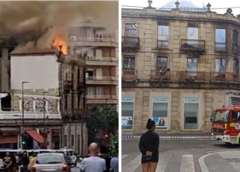 Un voraz incendio calcina por completo un edificio en Ourense y deja tres personas heridas