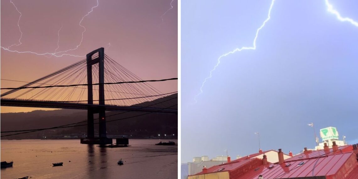 Vigo, testigo de un asombroso espectáculo natural con una tormenta eléctrica sobre un arcoíris