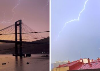 Vigo, testigo de un asombroso espectáculo natural con una tormenta eléctrica sobre un arcoíris