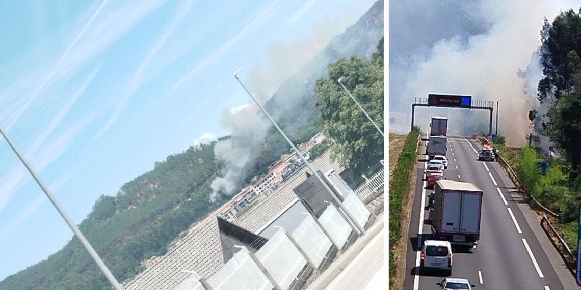 Alarma en O Porriño tras declararse un incendio en las proximidades de la A-52, con un carril cortado