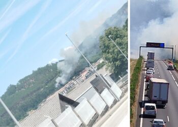Alarma en O Porriño tras declararse un incendio en las proximidades de la A-52, con un carril cortado