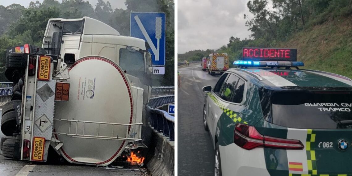 Cortada la AP-9 entre Vigo y Tui por el vuelco de un camión cargado de gasoil y en riesgo de incendio
