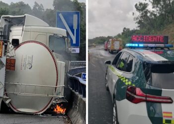 Cortada la AP-9 entre Vigo y Tui por el vuelco de un camión cargado de gasoil y en riesgo de incendio