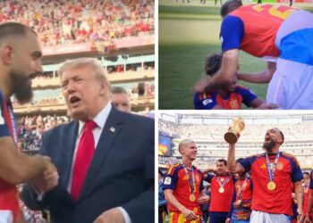 El delantero del Celta, Borja Iglesias, viral tras su cara a cara con Trump luciendo la bandera de Galicia
