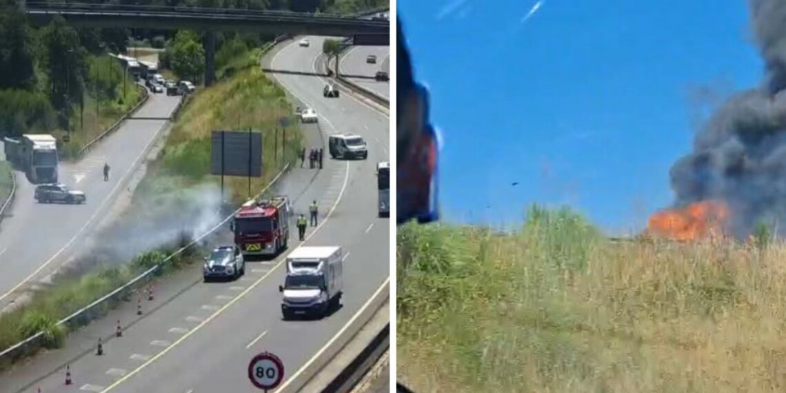 Arde un coche en la VG-20 en Vigo a la altura del PTL de Valladares