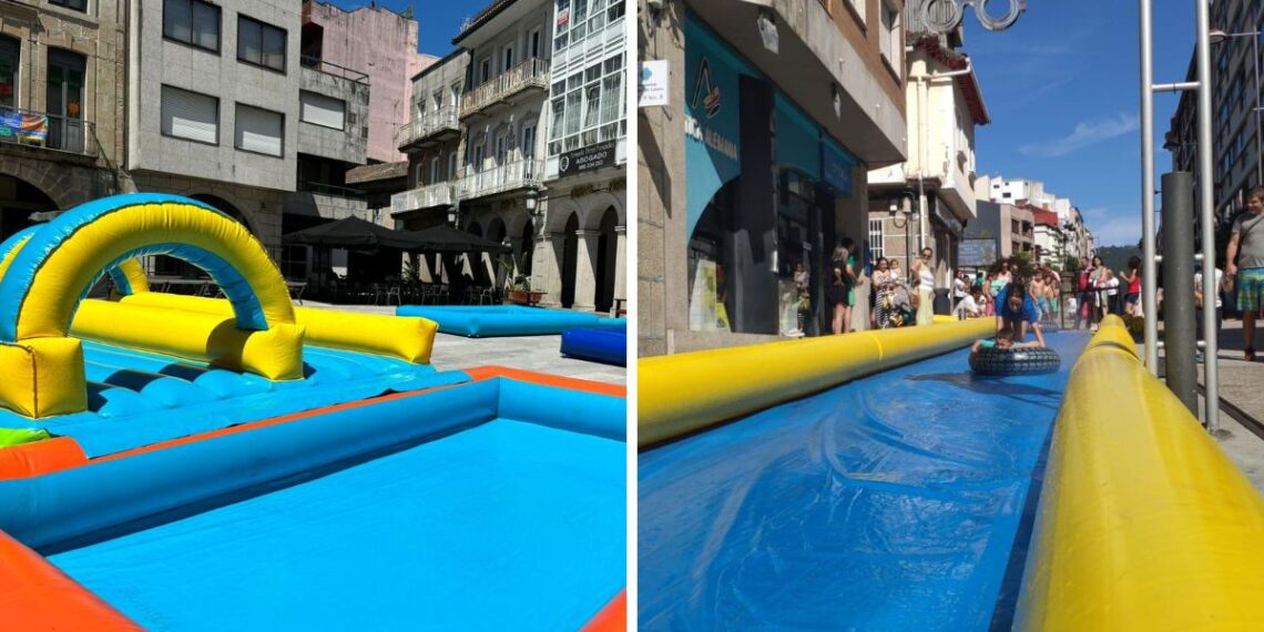 O Porriño estrena su particular parque acuático gratis con hinchables y un tobogán de más de 15 metros