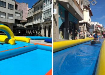 O Porriño estrena su particular parque acuático gratis con hinchables y un tobogán de más de 15 metros