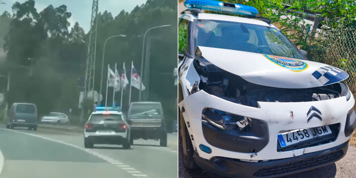 Una escena a lo GTA en Salceda, un coche de la Policía acaba destrozado tras una persecución