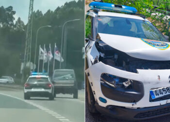 Una escena a lo GTA en Salceda, un coche de la Policía acaba destrozado tras una persecución